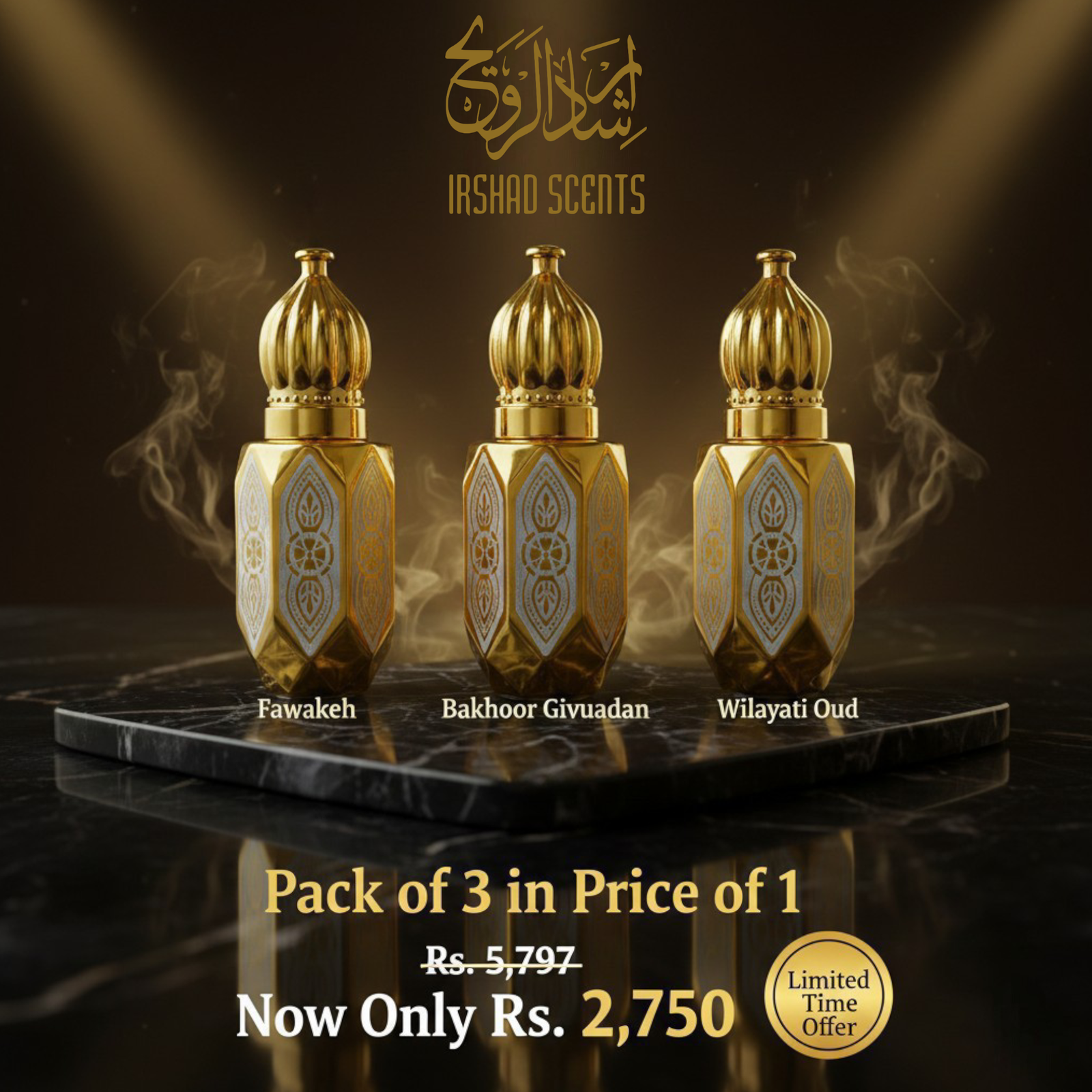 Photoroom-20260216_202811394 Irshad Scents – Premium Pack of 3 Attars (6ml Each) | Fawakeh, Bakhoor Givuadan & Wilayati Oud Experience the essence of true Arabic luxury with this exclusive Irshad Scents Pack of 3 Premium Attars, crafted for those who appreciate depth, richness, and elegance. This carefully curated set includes Fawakeh, Bakhoor Givuadan, and Wilayati Oud, three signature attars presented in elegant 6ml bottles. Each fragrance offers a unique personality—ranging from fruity warmth and smoky bakhoor to deep, classic oud—making this collection perfect for every mood and occasion. Individually, these attars are valued at Rs. 5,797, but for a limited time, you can enjoy all three together for just Rs. 2,750—an unbeatable value in premium perfumery. Designed for lovers of authentic, long-lasting, alcohol-free fragrances, this set is ideal for personal use or as a luxurious gift. ✨ Product Details: Brand: Irshad Scents Pack of 3 Premium Attars Fragrances: Fawakeh, Bakhoor Givuadan, Wilayati Oud Quantity: 6ml each Long-lasting & alcohol-free Suitable for men & women Perfect for daily wear & special occasions Limited Time Offer – Get 3 Attars in the Price of 1